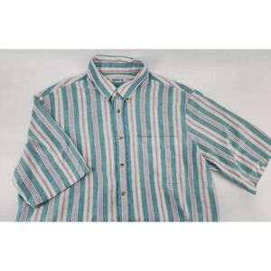 Saddlebrook Striped Button Down Short Sleeve Shirt Teal White Red XL